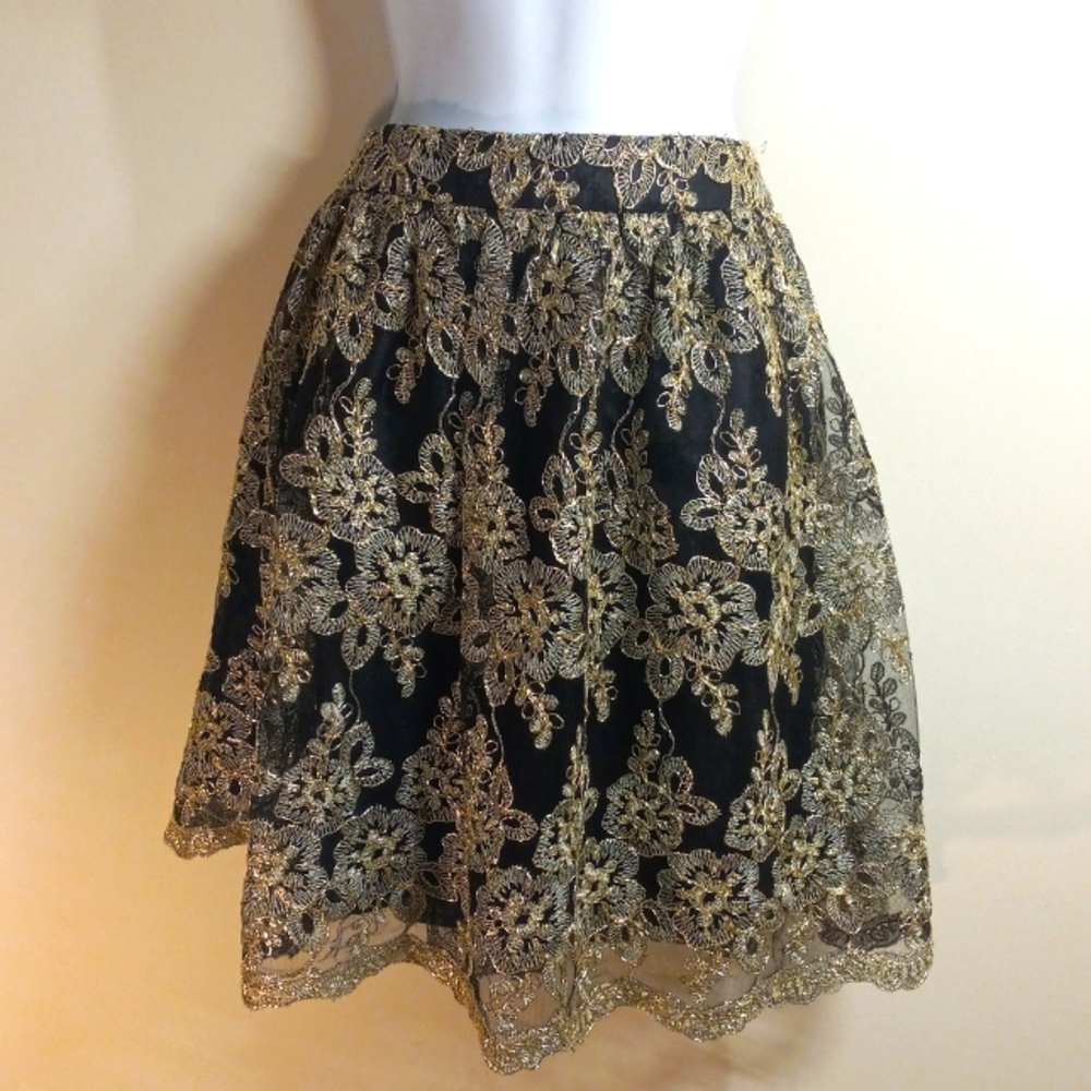 Pleated Dark Romantic Black mesh party skirt w/gold embroidered floral design  S